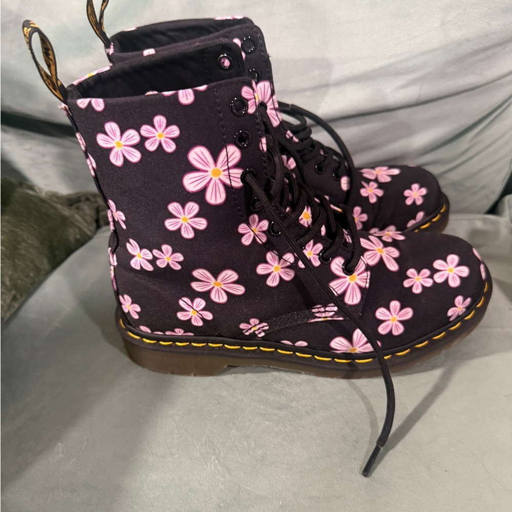 Dr. Martens Black and Pink Floral Combat Boots